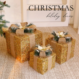 Christmas Decoration Gift Boxes Iron Rattan Holiday Ornaments LED Lighted Pine Needle Bow Home Party Decor