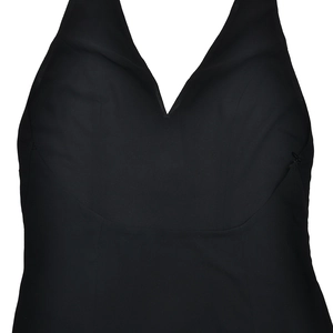 Detailed view of the deep V-neckline and elegant stitching on the black summer dress