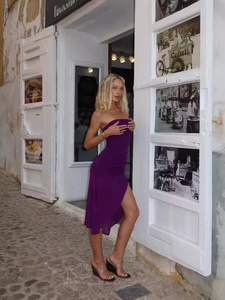 Vestito a tubino viola sexy con inserti in rete e orlo asimmetrico da donna