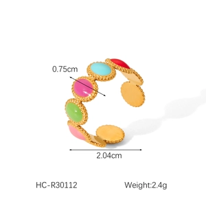 Detail view of colorful enamel gold-plated ring with size and weight measurements
