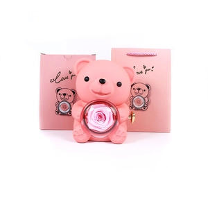 Pink bear music box with preserved rose and matching gift bag set with Love You text