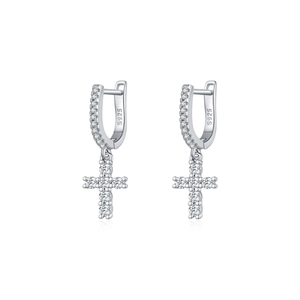 Sparkling S925 sterling silver cross drop earrings with D color moissanite stones