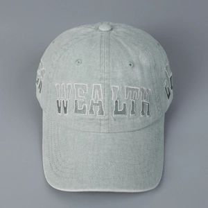 Close-up of vintage washed canvas baseball cap with detailed WEALTH embroidery