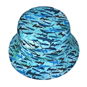 Women's sun bucket hat with stylish blue shark silhouette camo print for outdoor casual wear
