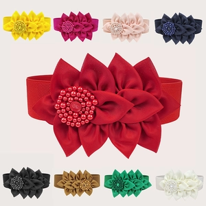 Elastic waist belt with large floral silk petals and pearl beads in nine vibrant colors