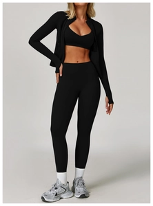 Set yoga professionale 3 pezzi nero con reggiseno sportivo, giacca e leggings