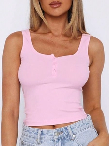 Close-up of pink ribbed tank top with U-neck and decorative buttons for women