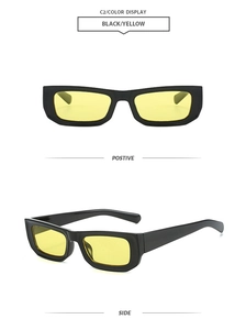 Front and side view of black square sunglasses with yellow lenses for a retro style
