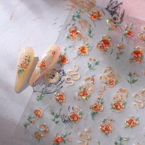 Embossed zodiac snake and peony floral nail art stickers with iridescent relief finish