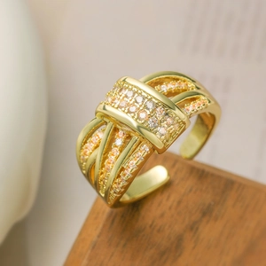 Two-tone gold plated open ring with multi-layer twist design and sparkling cubic zirconia