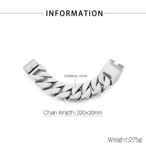 Detailed specs of 31mm chunky silver stainless steel Cuban link chain and weight data