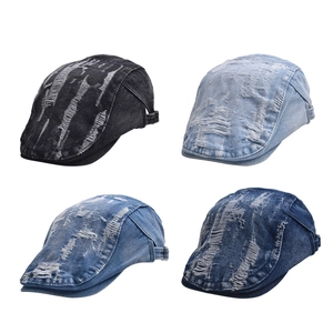 Distressed denim flat caps in four colors featuring vintage ripped and frayed details