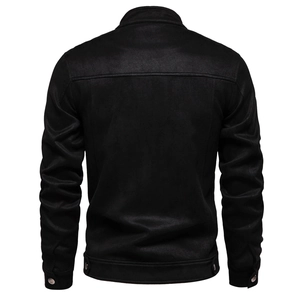 Back view of a black suede jacket for men showing shoulder stitching and hem adjustments