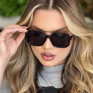 Fashionable double-bridge semi-rimless square sunglasses with black frames and lenses