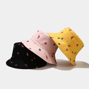 Reversible Bucket Hat Cotton Canvas Cute Cartoon Watermelon Embroidery Sun Protection Summer Outdoor Beach Casual For Women