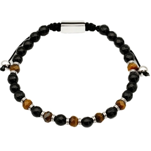 Adjustable faceted tiger eye and black natural stone beaded bracelet with silver metal slider