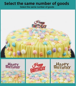 Detail view of Happy Birthday cake toppers in gold, purple, red and colorful finishes
