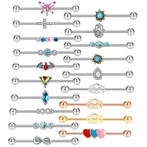 Stainless Steel Industrial Piercing Barbell Earring Rhinestone Butterfly Heart Cross Industrial Bar For Women Men Punk Body Jewelry