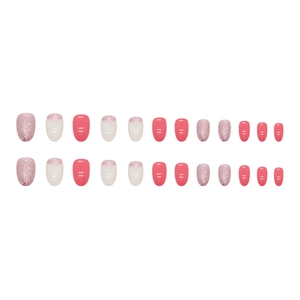 24-piece set of oval rose pink press-on nails with glitter and French gradient designs