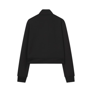 Women's black cropped zip hoodie and flare pants set featuring back view and stand collar