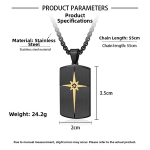 Detail view of black brushed stainless steel dog tag necklace with golden star and dimensions