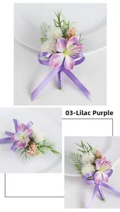 Detail of lilac artificial boutonniere with lily, white pompom and purple ribbon bow