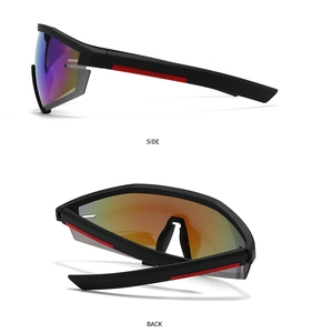 Side and back view of oversized cycling sunglasses with matte black and red frames