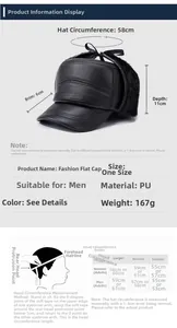 Size chart for men's PU winter hat with earflaps showing brim and crown measurements