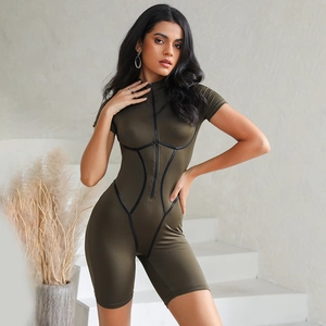 Slim fit army green short sleeve bodysuit with black zipper and athletic stitch detailing