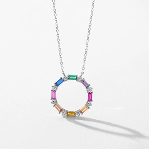 Elegant s925 silver necklace featuring a rainbow gemstone circle pendant on white background