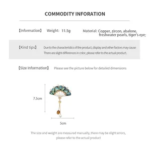 Detailed size chart for vintage gold fan brooch with pearls and shell inlays