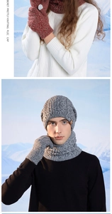 Three-piece winter knit set including hat, scarf, and gloves in red and grey marl textures