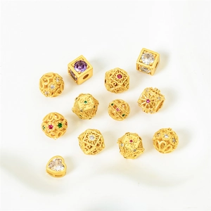 Golden sand gold beads with cubic zirconia in round and heart shapes for DIY jewelry