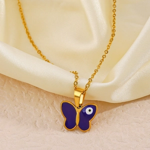 Stainless Steel Butterfly Evil Eye Pendant Necklace For Women Blue Enamel Gold Plated Trendy Clavicle Chain Jewelry