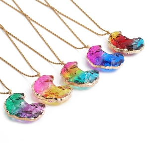 Moon Pendant Necklace With Stainless Steel Twist Chain Rainbow Gradient Faux Crystal Alloy Wrapped Jewelry For Women Men