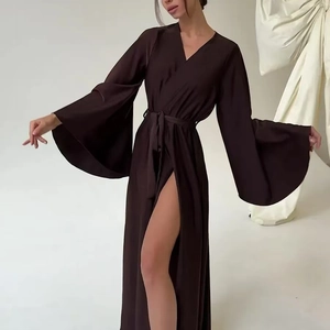 Women Satin Robe Long Nightgown Bell Sleeves V Neck High Slit Loungewear Lace Up Sleepwear Satiny Elegant