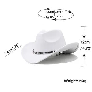 White wool felt western cowboy hat with beaded band and size specifications chart