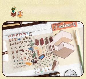 Detailed 3D Chinese miniature building stickers with furniture and PET materials