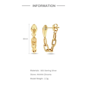 S925 Sterling Silver snake chain drop earrings with AAAAA cubic zirconia in gold finish