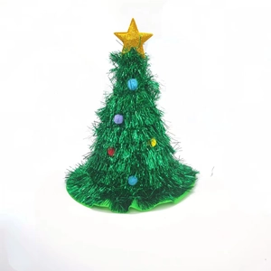 Green tinsel Christmas tree hat with golden star and colorful pom-poms for festive decor