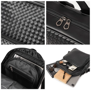 Fashionable black woven leather backpack for men showing high-capacity business storage