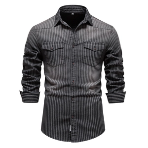 Mens Long Sleeve Denim Shirt Washed Distressed Vertical Striped Slim Fit Double Pockets Cotton Casual Lapel Tops