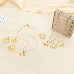 Elegant Bowknot Jewelry Necklace Earrings Ring Stainless Steel With Artificial Pearl Fashion Sweet Accessory For Women