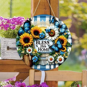 Round Wooden Door Sign Sunflower Butterfly Gingham Pattern Bless This Home Wall Plaque For Farmhouse Country Style