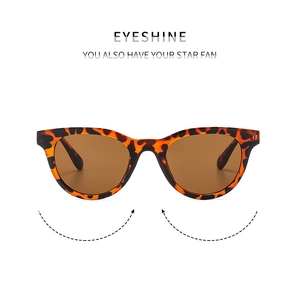 Detailed view of vintage leopard cat-eye sunglasses with dark brown lenses and sleek frame