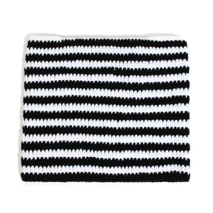 Handmade striped cat ear knit beanie hat in black and white stripes for winter warmth