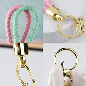 Rainbow woven leather keychain with gold metal ring for women car keys and gifts