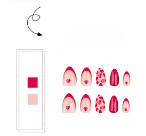 Detail of red and pink almond press-on nails with heart patterns and French tips