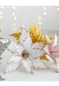 Detailed close-up of 25cm glitter artificial Poinsettia flower for Christmas tree decor