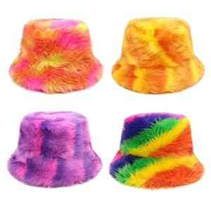 Women Faux Fur Bucket Hat Warm Winter Plush Rainbow Tie Dye Checkerboard Outdoor Fashion Fluffy Hat